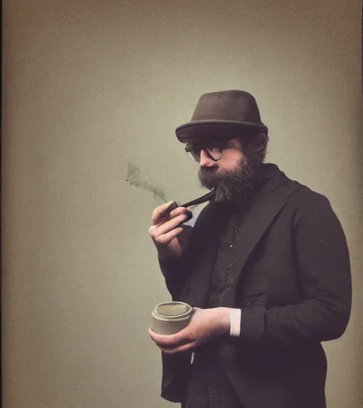 Prompt: color polaroid picture of a hipster man pipe smoking. smoke rising. diffuse background