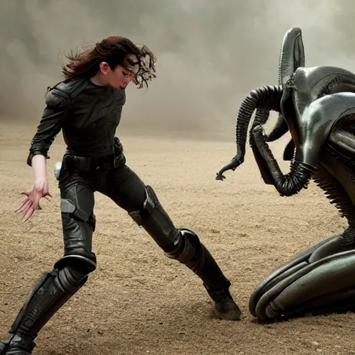 Prompt: promotional image of Anne Hathaway fighting the Xenomorph, high quality