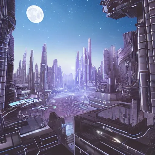 Image similar to point perspective, scifi city in the future, full moon, cyborg in the foreground