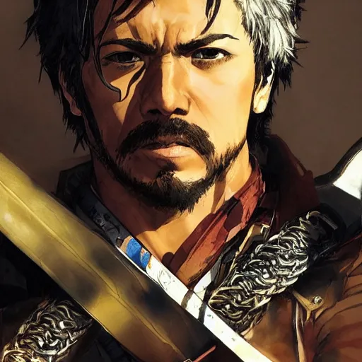 Image similar to portrait of a hero holding his sword in front of his face by yoji shinkawa, high quality, extra details, realism, ornate, colored, golden chain, blood, white skin, short hair, brown eyes, vivid, sunlight, dynamic, american man, freedom