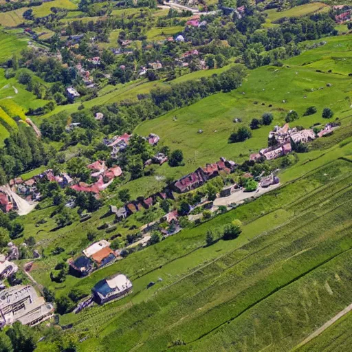 Prompt: a beautiful meadow in the middle of the coal district, aerial view,