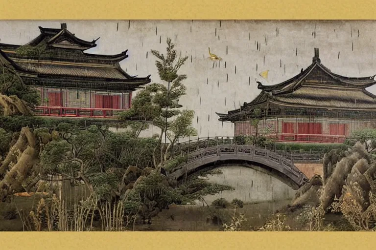 Image similar to in the rain, some ancient chinese houses, bridge, river mysterious and serene landscape, clouds, by sandro botticelli, trending on artstation