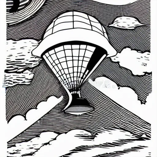 Prompt: zeppelin in the night sky, vector art, line art, engraving illustration