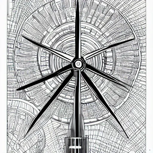 Image similar to Simplistic coloring book of a turbine blueprint, black ball pen on white paper, by Josan Gonzalez and Geof Darrow