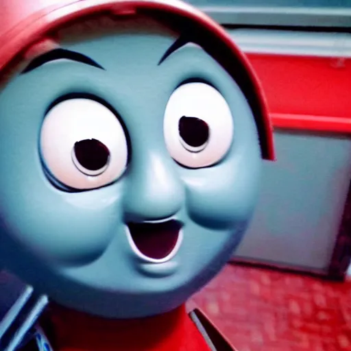 Prompt: creepy found footage of Thomas the tank engine 🥺🥺🥺🥺🥺🥺 super close up zoom fish eye staring into your soul terrifying backrooms horror