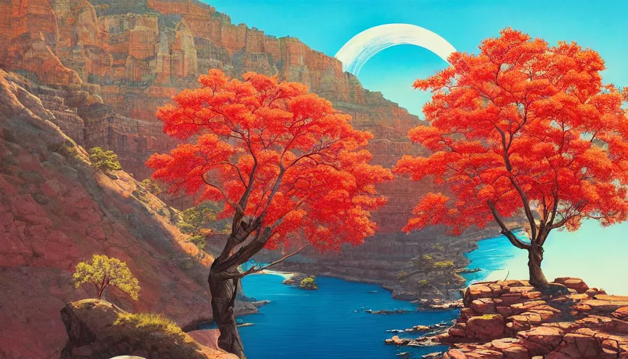 Image similar to single red maple tree growing in grand canyon, stream, tristan eaton, victo ngai, artgerm, rhads, ross draws, highly detailed, masterpiece