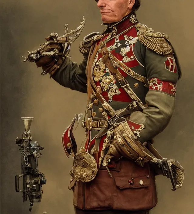 Image similar to portrait of an swiss man wearing a traditional nineteenth century swiss empire military uniform, metal shoulder pauldrons, intricate, highly detailed, digital painting, artstation, concept art, sharp focus, cinematic lighting, illustration, art by artgerm and greg rutkowski, alphonse mucha, cgsociety