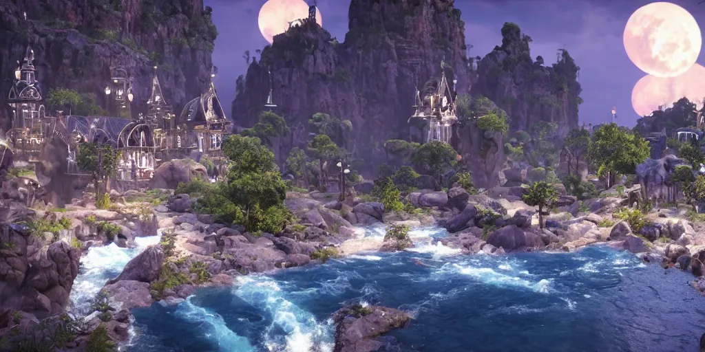 Image similar to beautiful and immersive magical town, magical buildings, bioluminescent forest surrounding, gentle rivers flowing through town, award - winning cinematography - cinematic lighting, dramatic lighting, stunning and beautiful view - unbelievably amazing - highly detailed, hyperrealistic, unreal engine 5, in the style of kingdom hearts and final fantasy