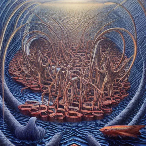 Image similar to sirens of the red sea by jacek yerka, alex gray, zdzisław beksiński, dariusz zawadzki, jeffrey smith and h.r. giger, oil on canvas, 8k highly professionally detailed, trending on artstation