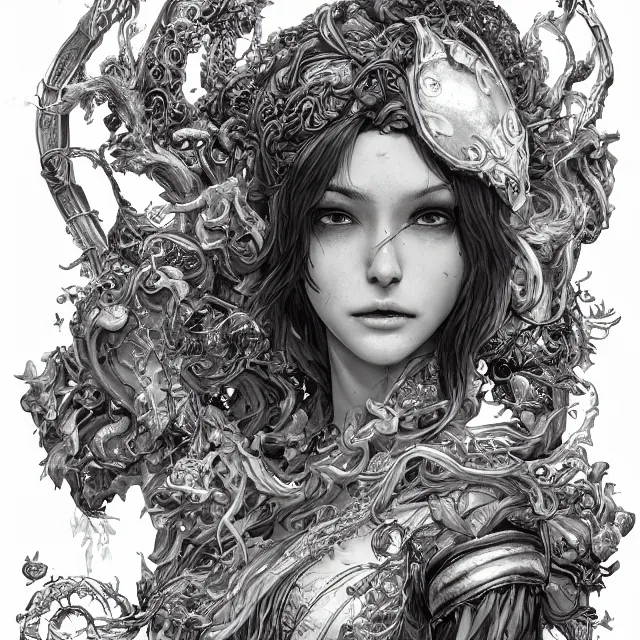 Image similar to the portrait of chaotic good female druid alchemist as absurdly beautiful, gorgeous, elegant, young gravure idol, an ultrafine hyperdetailed illustration by kim jung gi, irakli nadar, intricate linework, sharp focus, bright colors, octopath traveler, final fantasy, unreal engine 5 highly rendered, global illumination, radiant light, detailed and intricate environment