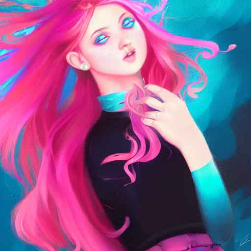 Image similar to colorful and festive captivating teenager girl with pink hair, cyan top crop, black skirt, black leggings, cute look. rich vivid colors, ambient lighting, dynamic lighting, 4 k, atmospheric lighting, painted, intricate, highly detailed by charlie bowater