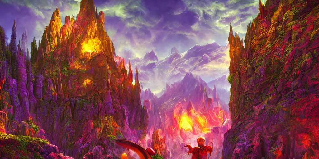 Image similar to bright, colorful, realistic, detailed from Elder Scrolls: shivering isles concept mania mushroom coast and mountian realm of madness portrait backlighting, kodachrome, high contrast, highly detailed, sharp focus, digital painting, concept art, illustration, trending on artstation, comic book by Alex Ross and Adam Adamowicz cover art