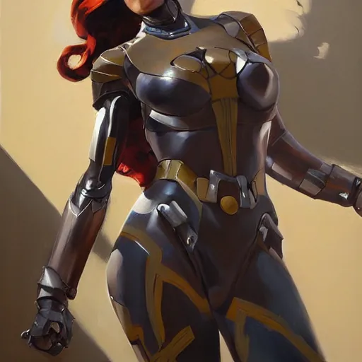 Image similar to greg manchess portrait painting of partially armored female iron spiderman as overwatch character, medium shot, asymmetrical, profile picture, organic painting, sunny day, matte painting, bold shapes, hard edges, street art, trending on artstation, by huang guangjian, gil elvgren, ruan jia, greg rutkowski, gaston bussiere