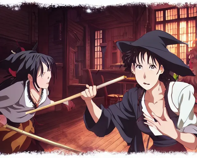 Image similar to key anime visual portrait of a young female witch in a tavern interior defending a companion, dynamic pose, dynamic perspective, cinematic, dramatic lighting.