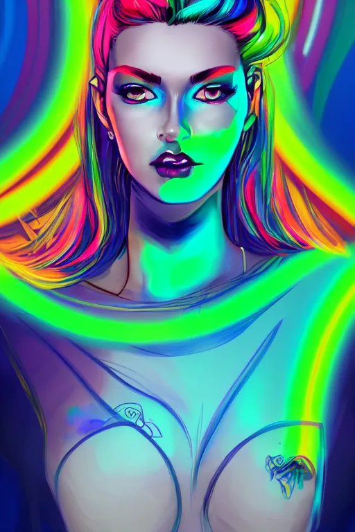 Image similar to a award winning portrait of a beautiful woman with stunning eyes in a one off shoulder crop top and cargo pants with rainbow colored hair, outlined by whirling illuminated neon lines and fine lines swirling in circles by greg tocchini, digital art, trending on artstation