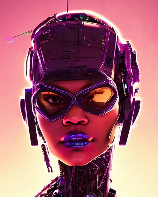 Image similar to portrait of Zendaya as a cyberpunk cyborg. intricate abstract. intricate artwork. by Tooth Wu, wlop, beeple, dan mumford. octane render, trending on artstation, greg rutkowski very coherent symmetrical artwork. cinematic, hyper realism, high detail, octane render, 8k, iridescent accents