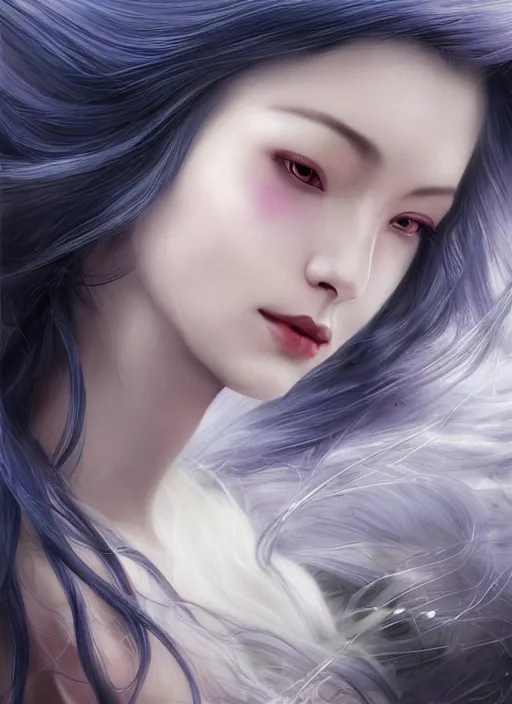 Prompt: a beautiful woman gheisa, 8 k, hyperrealistic, asian hyperdetailed, beautiful face, long blue hair windy, dark fantasy, white skin porcelain, fantasy portrait by laura sava