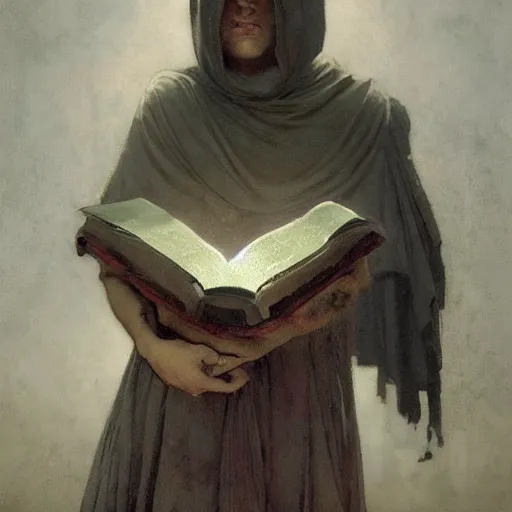 Image similar to half portait of magican wearing a closed cowl and big old book! chained to the wrist, jeremy mann, jean - leon gerome, tiepolo, alphonse mucha, greg rutkowski, face in the shadows, ( ( ruins of ancient rome ) ), at dusk, mysterious atmosphere, sunrays, dof, high detailed, 8 k