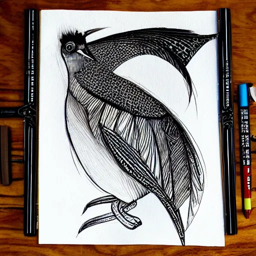 Prompt: exotic bird, sketch, illustration, cross hatched, black ink on white paper