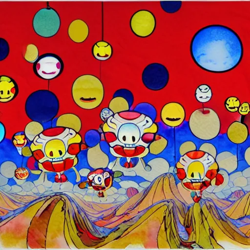 Image similar to Three bright red demons flying up from a desert canyon in the style of Takashi Murakami, highly detailed, watercolor background, Kids See Ghosts