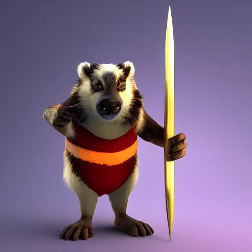 Prompt: heroic badger holding a flaming trident,Pixar,3d render,4k