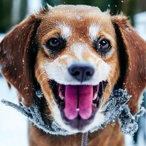 Prompt: dog chattering its teeth because it's very cold