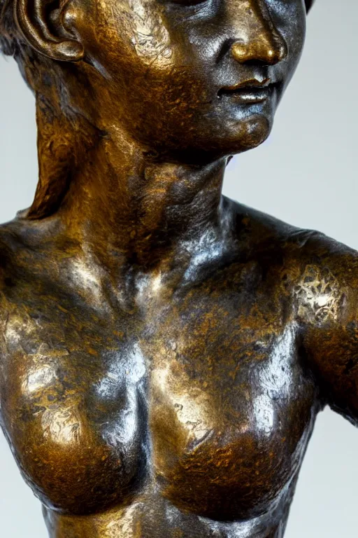 Image similar to detailed photo of famous old bronze patina statue of woman, various poses, photorealism, intricate detail, a few light reflexions, museum diffuse lighting