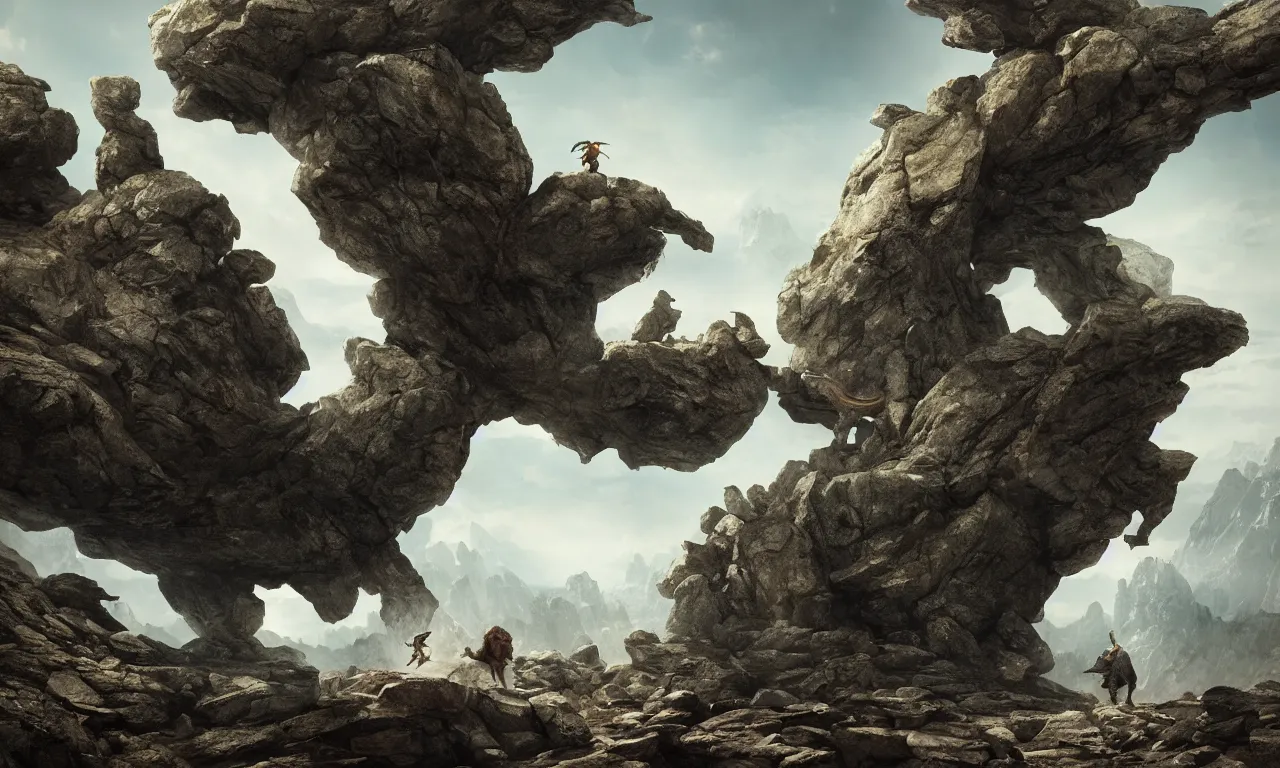 Image similar to creature made of rocks throwing rocks alpine valley. tooth wu, edward gorey, greg rutkowski, andreas achenbach, artgerm, mikko lagerstedt, zack snyder, tokujin yoshioka