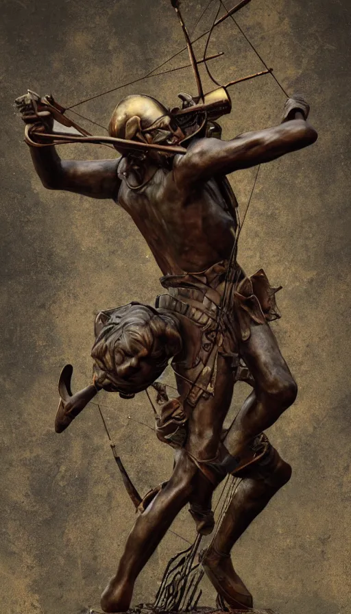 Image similar to An epic fantastic realism comic book style painting of a distressed bronze archery sculpture from the future by Stanislaw Szukalski, beautiful colorful flowers rain down, gilded marbled paper background, archer, fisheye lens, unreal 5, DAZ, hyperrealistic, octane render, dynamic lighting