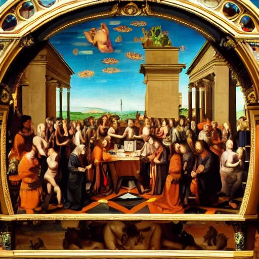 Image similar to a psychedelic conference of scientists / professors / researchers in a renaissance painting