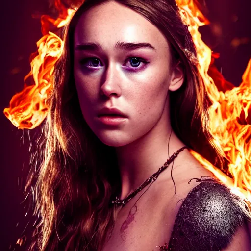 Image similar to portrait of alycia debnam carey as a pyromancer , aruze colour aura, dreamwalker, EOS R5, f/2.8, HDR, studio light, medium close shot, dynamic pose, award winning photograph, Michelangelo style