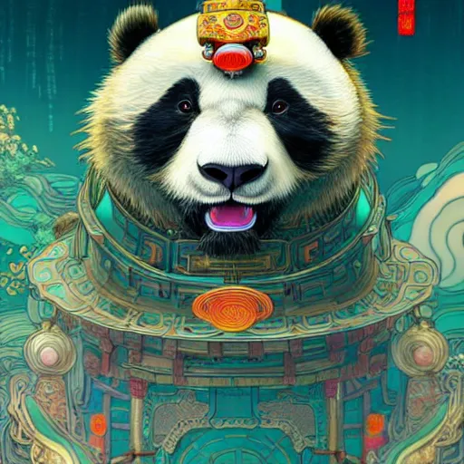 Image similar to a beautiful hyperdetailed character design 4 k wallpaper illustration of a cute panda with a chinese lion dance head victo ngai cyberpunk style, from china, style of studio ghibli, makoto shinkai, raphael lacoste, louis comfort tiffany, artgerm, james jean, ross tran, chinese style