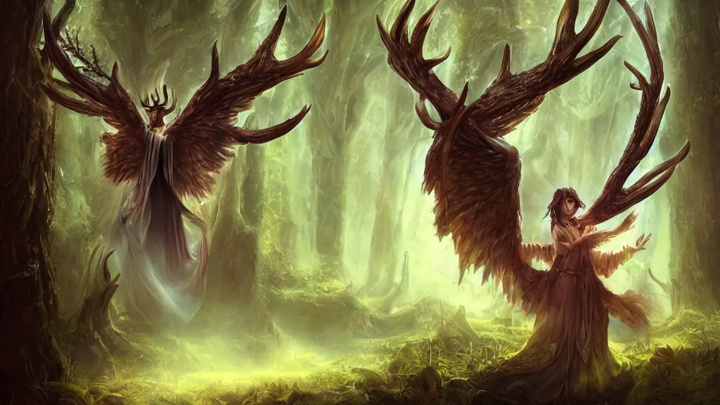 Prompt: A druid, with antlers and large wings, casting a powerful spell in the middle of an enormous, enchanted forest, dreamscape, dramatic lighting, fantasy art illustration, trending on artstation, Aetherpunk