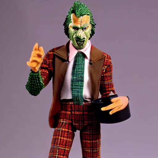 Image similar to plastic wolfman action figure with faded green face dressed in a plaid suit. 1 9 7 9 vintage