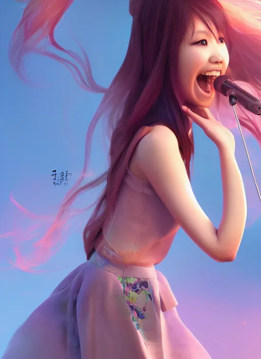 Image similar to a cute asian girl singing, flowing hair in the style of pixar animation, full body shot, award winning, hyper detailed, studio lighting, artstation, octane renderer, unreal engine