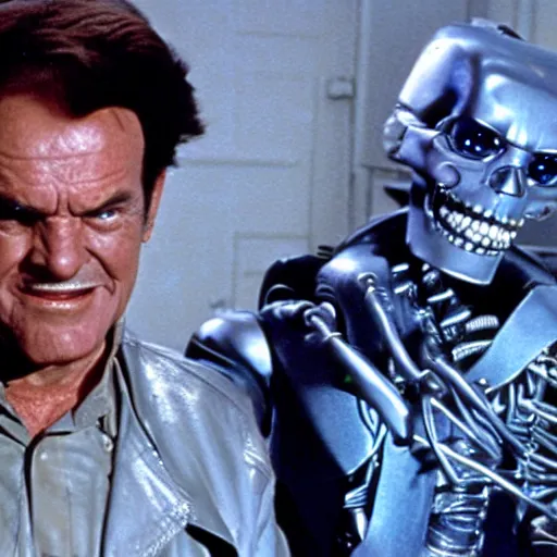 Image similar to Jack Nicholson plays Terminator, scene where his pikachu endoskeleton gets exposed