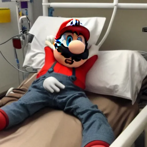 Prompt: super mario sleeping in a hospital bed