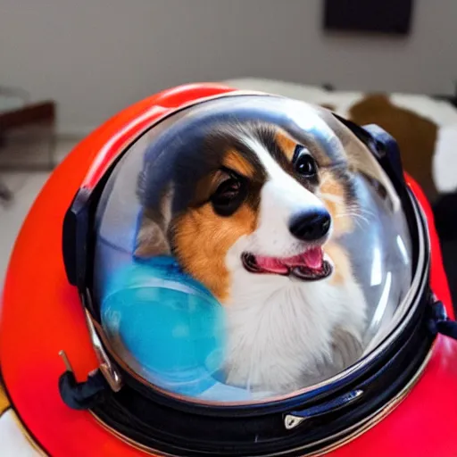 Image similar to a corgi in a space helmet floating in outer space