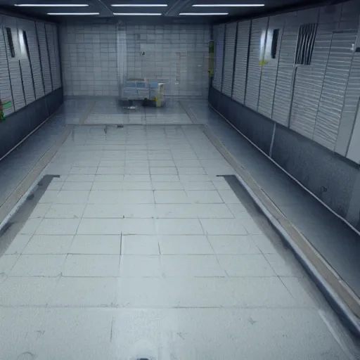 Image similar to holding cells in underground lab, sterile, clean, cinematic, liminal space, unreal engine, cctv footage, in-game screenshot