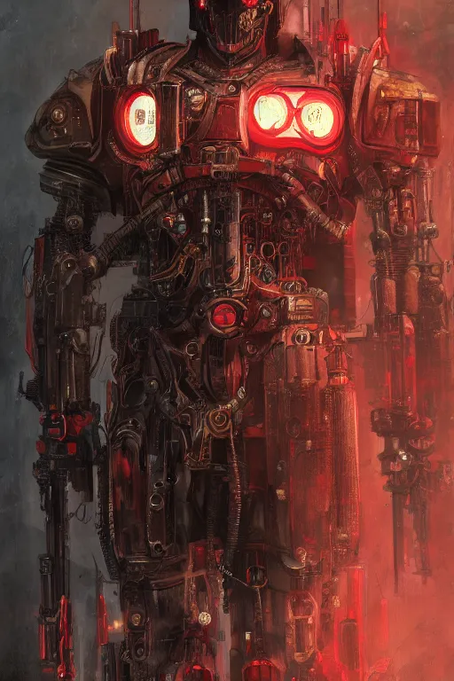 Prompt: portrait of adeptus mechanicus in red hood, cyborg, prist, cyberpunk, Warhammer 40000, highly detailed, artstation, illustration, art by Gustav Klimt