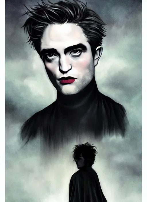 Image similar to well - shaven robert pattinson, black outfit, cape, in the style of tom bagshaw, sandman, misty endless dream cinematic background, netflix sandman