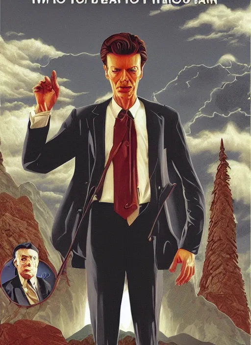 Image similar to twin peaks poster art, portrait of the david bowie fbi agent, this world wasn't enough for him, by michael whelan, rossetti bouguereau, artgerm, retro, nostalgic, old fashioned