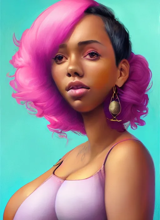 Image similar to full body portrait, teenage vanessa morgan, pink hair, obese, black girl, curly pixie hair, sultry, realistic, short hair, hoop earrings, skirt, shirt, fat, belly, intricate, elegant, highly detailed, digital painting, artstation, concept art, smooth, sharp focus, illustration, art by wlop, mars ravelo and greg rutkowski