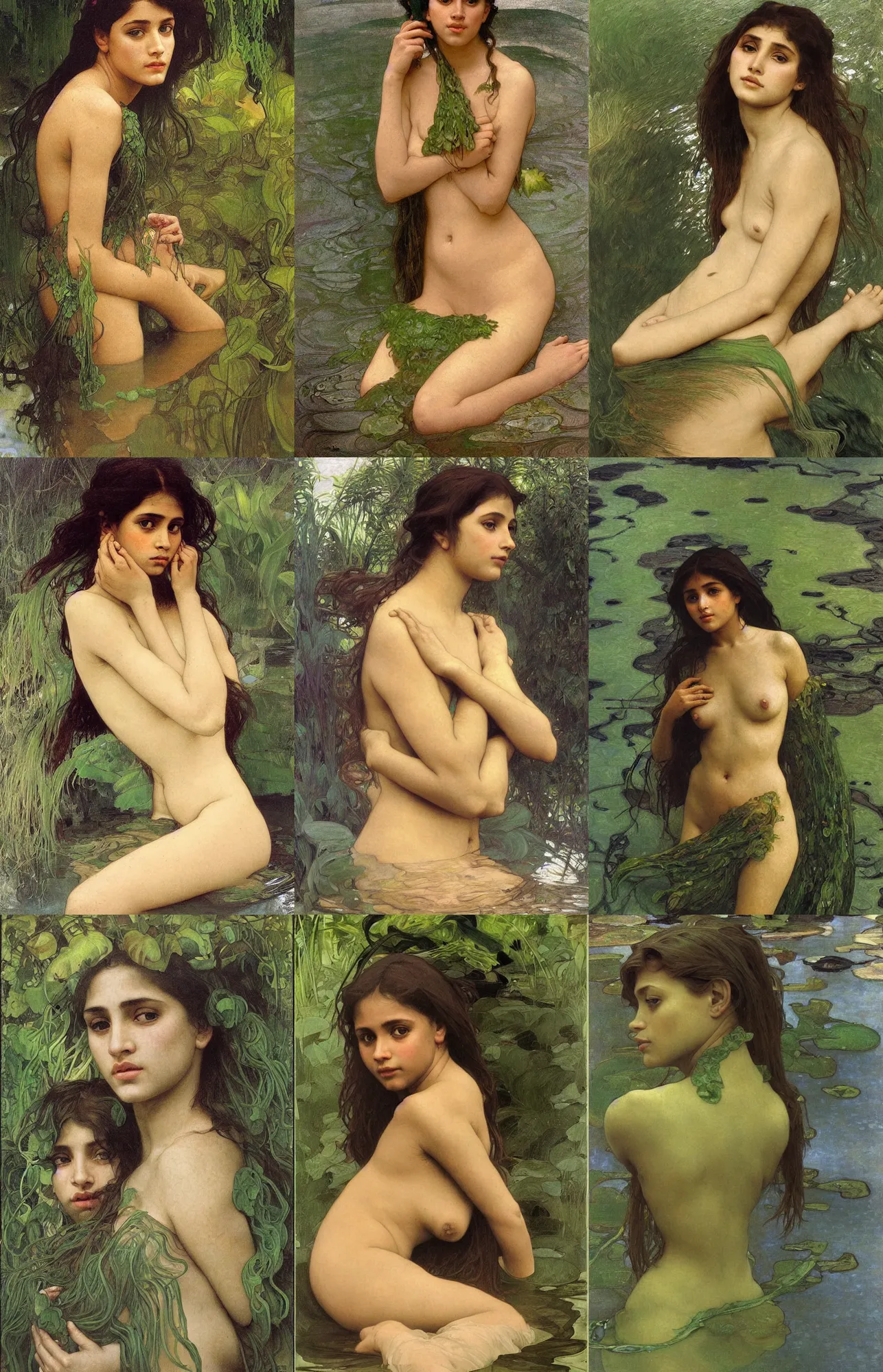 Prompt: hyperrealist portrait in a river, sensual bengali girl, full body green water algae by alphonse mucha and lucian freud and bouguereau, very detailed faces