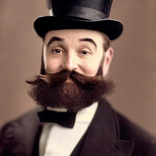 Prompt: a color photo of a smiling man with a beard wearing a top hat
