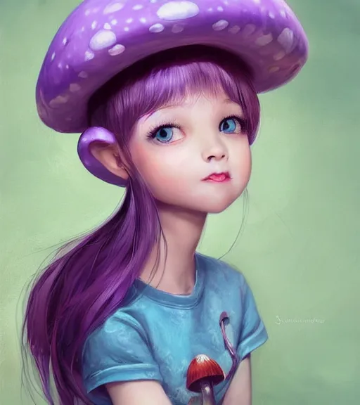 Image similar to a beautiful little girl wearing a mushroom hat sitting | | cute - fine - subtle smile, curved purple hair, face, pretty face, fine details by stanley artgerm lau, wlop, rossdraws, james jean, andrei riabovitchev, marc simonetti, and sakimichan, trending on artstation