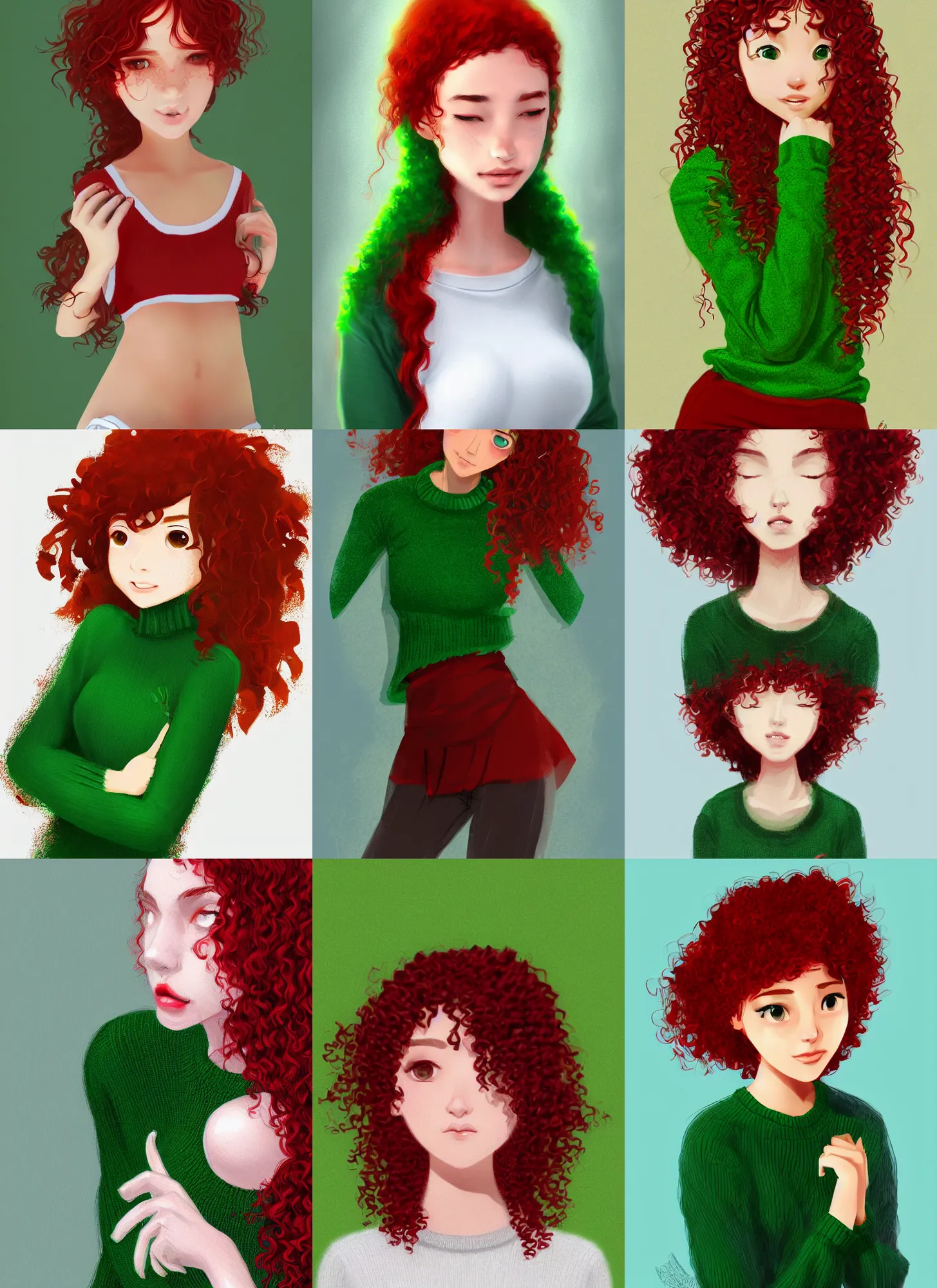 Prompt: a shy brazilian girl blushing, white skin, red curly hair, wearing a green sweater, digital art, artstation, smooth