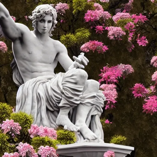 Image similar to a marble statue covered in flowers, full frame, cinematic light , unreal engine,