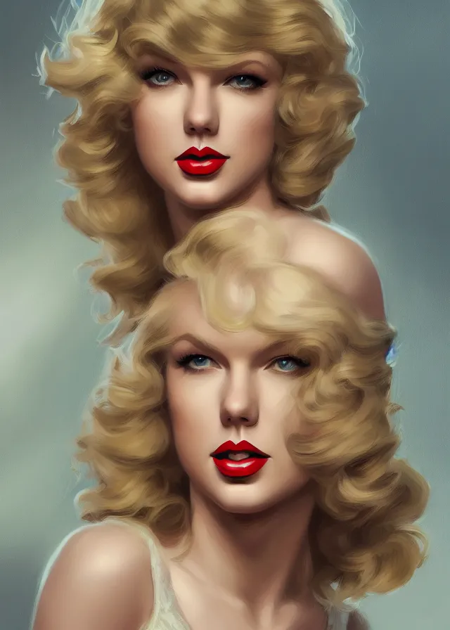 Image similar to portrait of taylor swift as a young marilyn monroe, elegant, flat lighting, intricate, highly detailed, digital painting, artstation, concept art, smooth, sharp focus, illustration, closeup, misa amane, art by simon bisley and greg rutkowski and alphonse mucha, novel cover