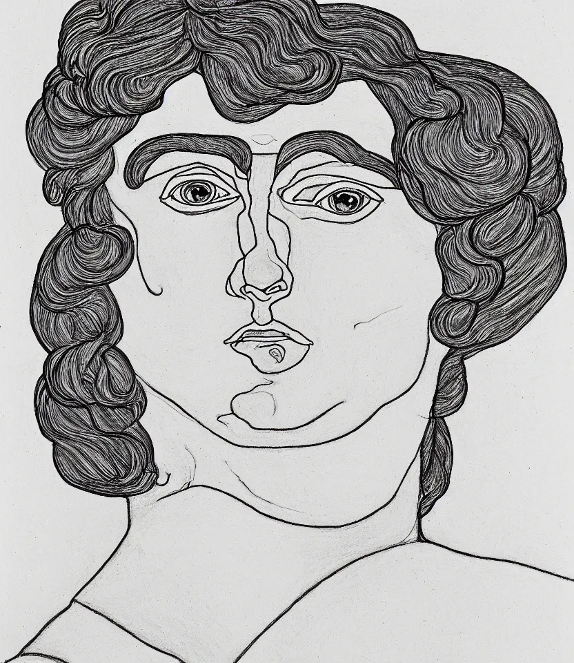 Image similar to detailed line art portrait of isadora duncan, inspired by egon schiele. caricatural, minimalist, bold contour lines, musicality, soft twirls curls and curves, confident personality, raw emotion